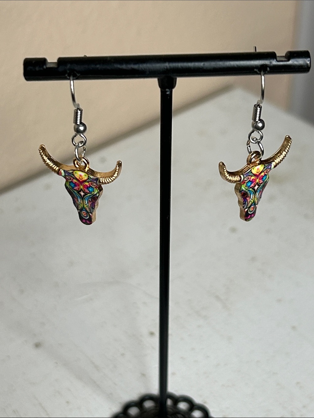 Western Multicolor Steer Skull Dangle Earrings